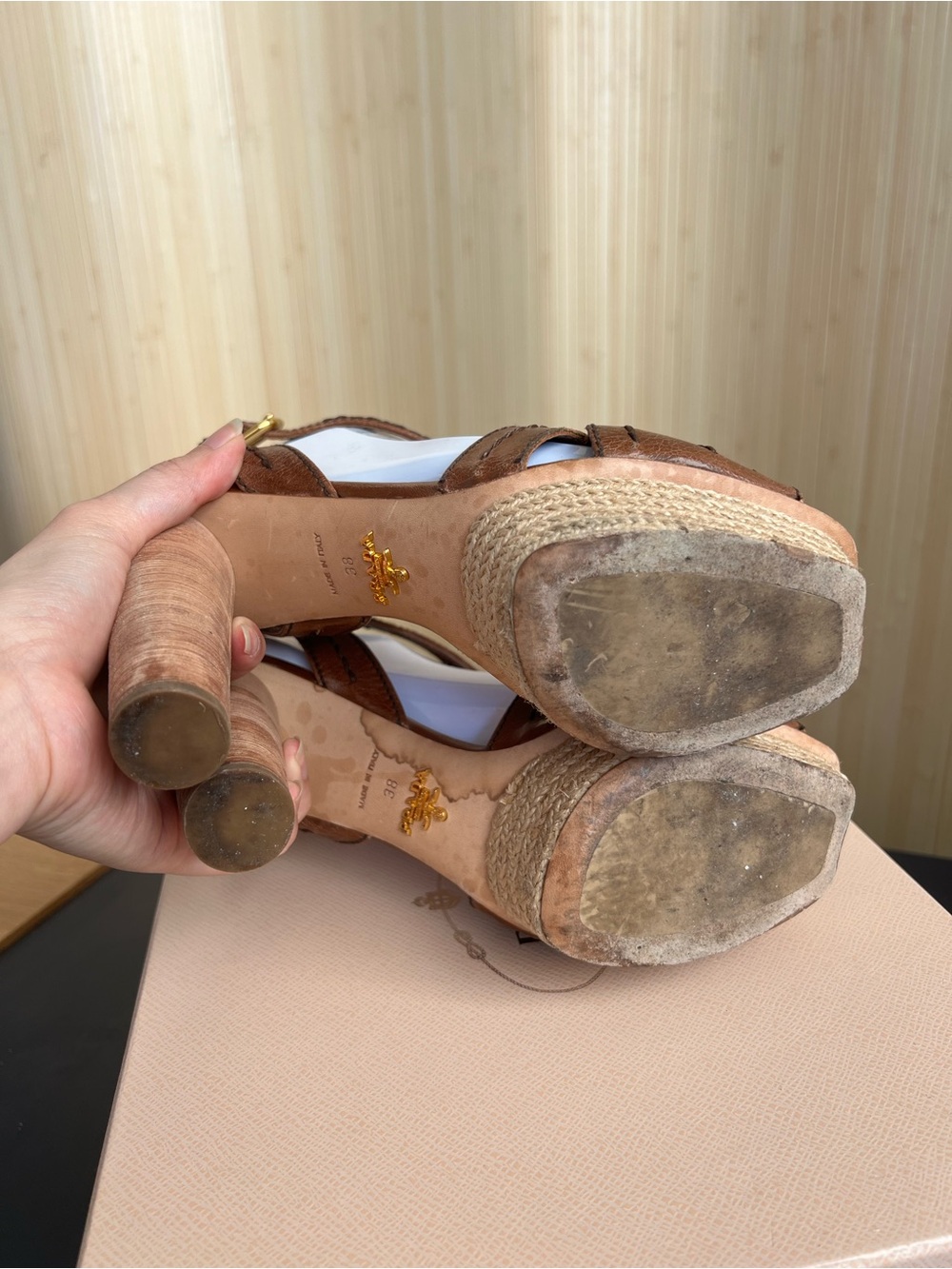 Prada Brown Leather Woven Platform Heel Sandals - Picture 5 of 5